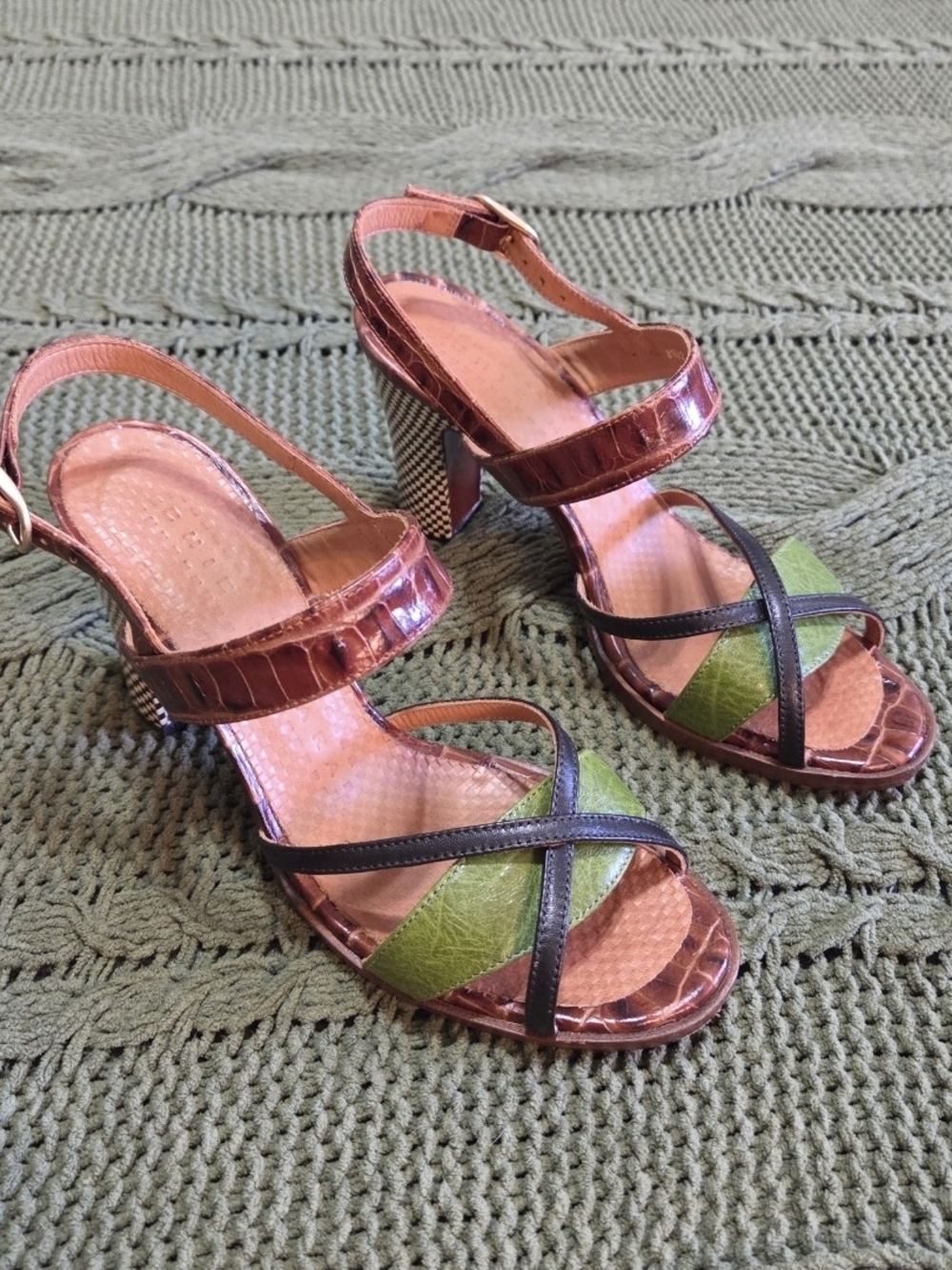Chie Mihara Block Heel Sandals Brown Croc Leather Green Black Cross Straps